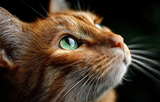 Close-up of an orange tabby cat looking up, its bright green eyes gleaming.  A stunning portrait of feline beauty.