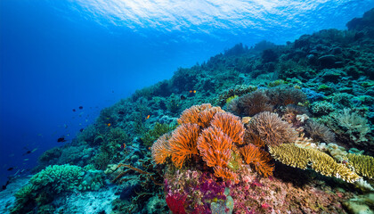 Naklejka premium Clear ocean waters teeming with colorful coral reefs represent Malaysia's vibrant marine biodiversity and diving destinations.