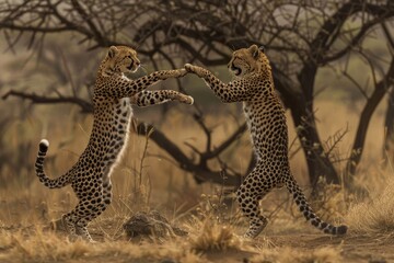 Obraz premium Two crocodiles, adult and juvenile, battle, showing the predator-prey relationship, The intricate dance between predator and prey, each trying to outsmart the other