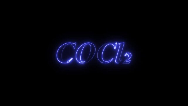 Glowing neon A COCl₂ (phosgene) molecule symbol with a smoke cloud text effect on a black background, representing chemistry, toxicity, and industrial hazards