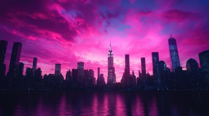 Fototapeta premium Cityscape at vibrant sunset. Silhouette of skyscrapers reflected on water, under a vivid pink sky