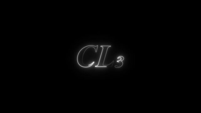 A Cl₃ (trichloride anion) molecule symbol with a smoke cloud text effect on a black background, representing chemical reactions, reactivity, and industrial
