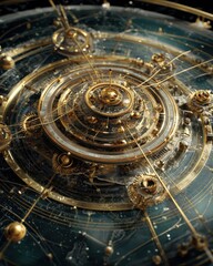 Obraz premium Intricate golden celestial mechanism, showcasing detailed gears and astronomical symbols against a deep cosmos-inspired backdrop.