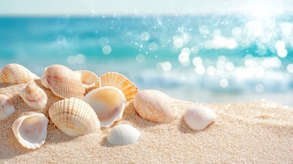 Seashells on the Beach: A close-up of white seashells scattered on a pristine sandy beach with the glistening blue ocean and sparkling waves in the background.