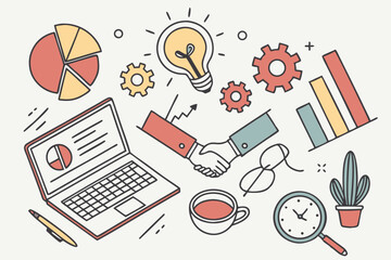 44 Business icons, productivity symbols, laptop computer, pie chart, lightbulb, puzzle pieces, coffee cup, glasses, hands typing, cactus plant, handshake, bar graph, gears, pencil, clock, magnifying g