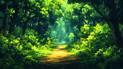 Obraz premium Sunlit forest path with lush green foliage vibrant vegetation and dappled light shining through the canopy The path l