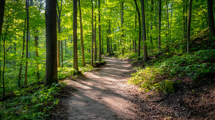 Obraz premium Sunlit Forest Path Through Lush Trees