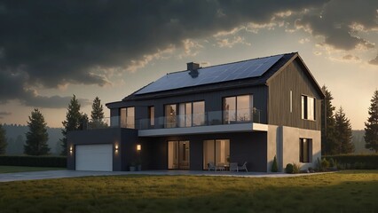 Obraz premium Modern house with solar panels against a dramatic cloudy sky 