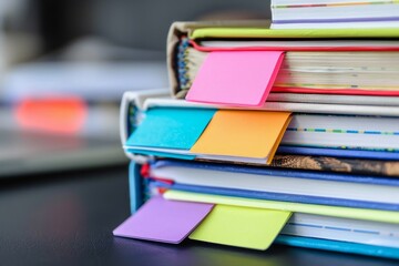 A close-up of a stack of colorful textbooks with bright bookmarks sticking out, A stack of textbooks with colorful bookmarks sticking out
