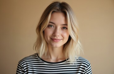 Fototapeta premium Young charming woman with dyed blonde hair, wearing striped shirt, looks at camera. Shy smile, studio portrait on beige background. Positive emotions, casual attire, female beauty.