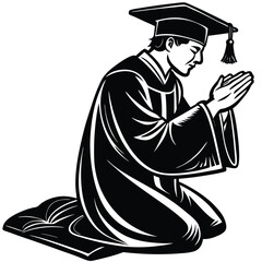 Graduate in Cap and Gown Kneeling in Prayer