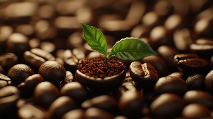 Obraz premium Coffee plant sprout amidst beans; growth, origin