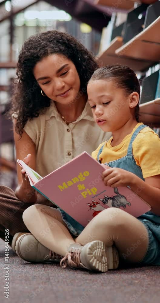 Aufkleber teacher, help and kid with book in library for knowledge, fantasy story and language development. wo