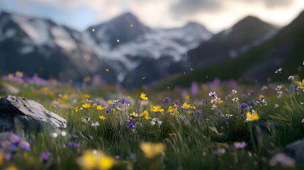 A rocky mountain backdrop with wildflowers and grasses swaying in the wind.