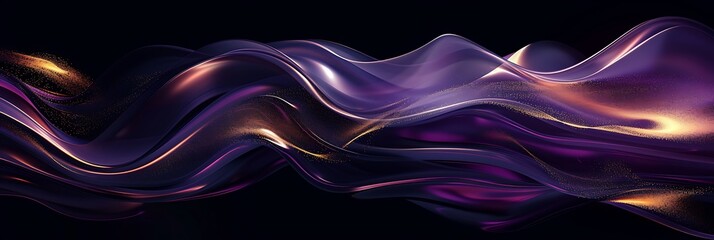 Abstract background featuring smooth, flowing waves of purple and gold silk-like texture. Elegant, luxurious, and dynamic design element on a dark backdrop.
