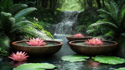 Lush tropical serenity with lotus flowers and waterfall