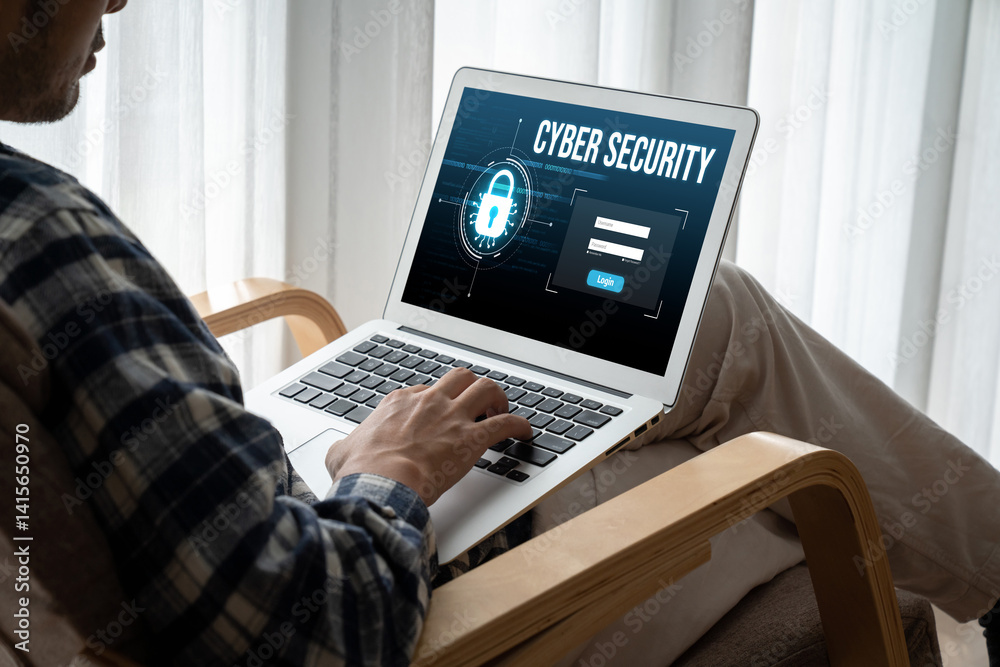 Poster cyber security system on computer screen protect private information snugly from hacker and cyber at