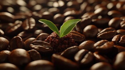Obraz premium Coffee plant sprout amidst roasted beans, growth, agriculture
