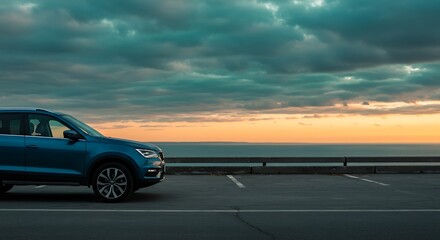 Teal SUV Parked Above Ocean at Sunset: Sleek Modern Vehicle Against Dramatic Cloudy Sky, Landscape Perspective, Automotive Imagery, Calm Seas