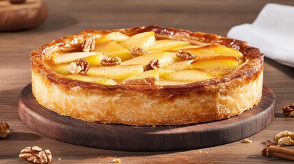 Rustic apple pie with flaky lattice crust and golden caramel filling. A cozy homemade dessert styled with powdered sugar on ceramic plate. Perfect for winter comfort food scenes.