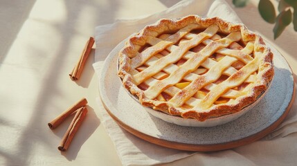 Freshly baked apple tart with cinnamon, walnuts, and golden crust. Styled in soft natural light on a rustic wooden table. Ideal for seasonal baking and holiday visuals.
