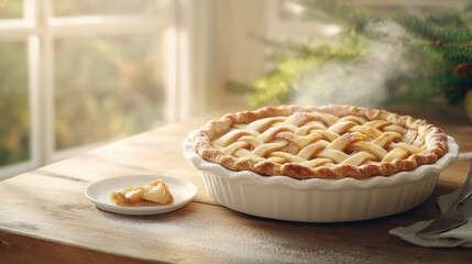 Top-down view of homemade apple pie with spiced filling and flaky crust. Warm tones, cozy textures, and vintage kitchen elements enhance the comforting mood of this dessert shot.