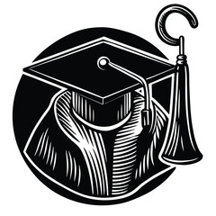 Graduate Cap and Gown with Cane Monochrome Illustration