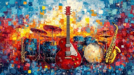 Vibrant musical instruments in a colorful mosaic style