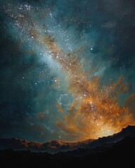 Fototapeta premium A celestial river of stars flows through the twilight sky, illuminating the landscape below with an ethereal glow, and mountains are dark.