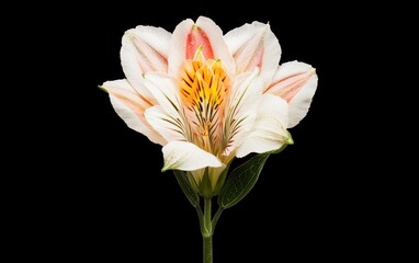 Close-up of a single alstroemeria flower with pale pink and yellow petals, dew drops, and green stem against a black background. The image is sharply focused and features a levitation effect