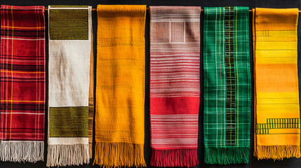 Colorful Woven Scarves Displayed On Dark Background