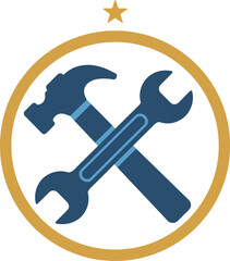 Hammer and wrench crossed inside gold circle with star above flat minimal vector art