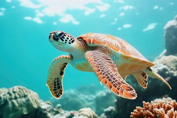Obraz premium A graceful sea turtle gliding through clear turquoise waters, surrounded by vibrant coral reefs