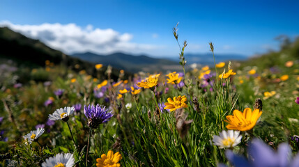 A scenic hillside covered in colorful wildflowers, with a bright blue sky overhead.