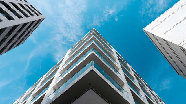 Modern Apartment Building Low Angle View with Blue Sky, Contemporary Architecture