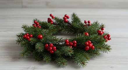 Pine and berry garland on rustic wooden table, cozy holiday scene