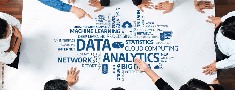 Poster a dynamic scene showcasing a diverse group engaged in data analytics and machine learning, emphasizi