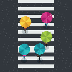 Fototapeta na wymiar Top view of five people crossing street with colorful umbrellas in rain flat design vector illustration