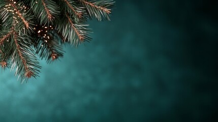 Obraz premium Evergreen Branch with Lights on Teal Background, Holidays , Winter