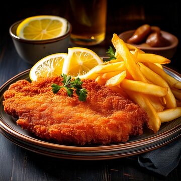 Breaded cutlet served with french fries, salad, and citrus on a plate, creating a delicious and visually appealing meal
