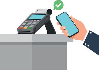 Hand holding smartphone near payment terminal for contactless transaction in flat style vector illustration