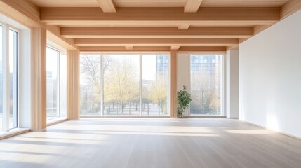 Fototapeta premium Bright, spacious, modern interior with large windows