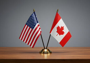 small united states and canada flag display on wooden desk perfect for political diplomatic meetings conference or negotiation concepts
