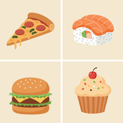Assorted fast food items flat design with pizza slice sushi piece hamburger and cupcake vector art