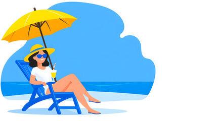 Fototapeta premium Woman relaxing on beach chair with cocktail under parasol flat vector style illustration