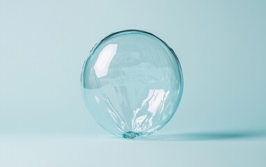 A translucent, light blue bubblegum bubble rests on a pale blue background. The bubble is stretched and slightly elongated at the bottom, creating a visually interesting shape. The lighting is soft