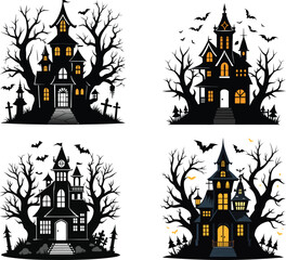 Set of Haunted Houses with Bats and Bare Trees – Spooky Halloween Silhouettes
