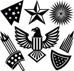  Patriotic USA Icons Vector Set – American Flag, Star, Ribbon, and Liberty Symbols