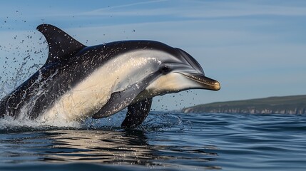 Obraz premium Marine mammal like a playful dolphin leaping out of the water with a joyful splash against a bright blue sky