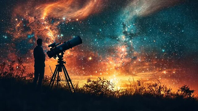 A lone observer gazes at a vibrant night sky through a powerful telescope.  A stunning celestial spectacle unfolds above a field, bathed in the hues of sunset and starlight
